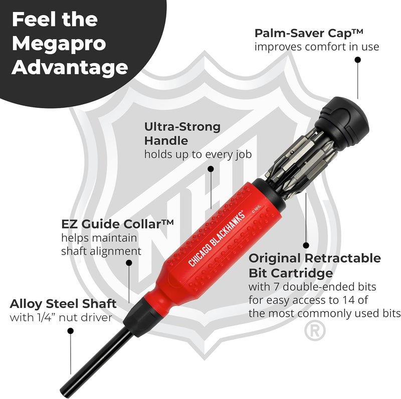 Megapro ® NHL® Team Edition Multi-bit Screwdriver | Officially Licensed NHL® Gear | Durable, Ergonomic, Pro-Grade Screwdriver (Chicago Blackhawks®) - Image 4